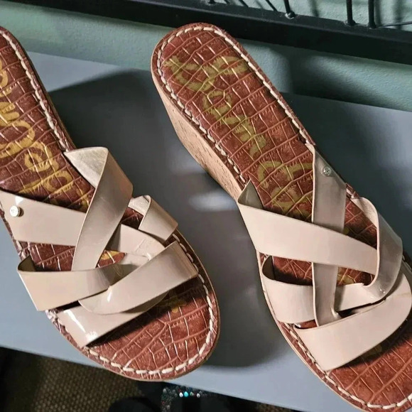 Sam Edelman |  Raynere Patent Cork Wedge Nude Slip On Sandals - Picture 4 of 16